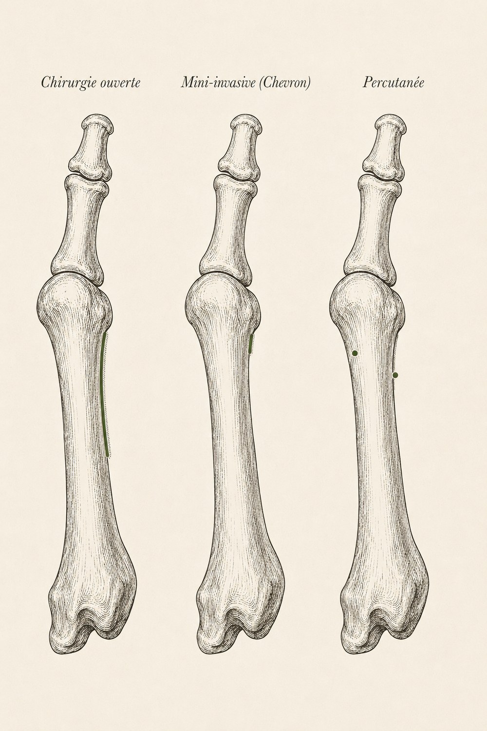 Comparaison des trois voies d'abord chirurgicales de l'hallux valgus : chirurgie ouverte, mini-invasive Chevron et percutanée  :  emplacement des cicatrices sur le bord médial du premier métatarsien
